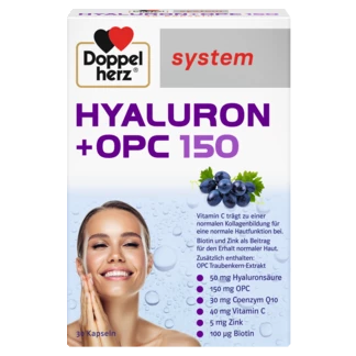 Abbildung der Produktverpackung Doppelherz system HYALURON + OPC 150 Frontansicht
